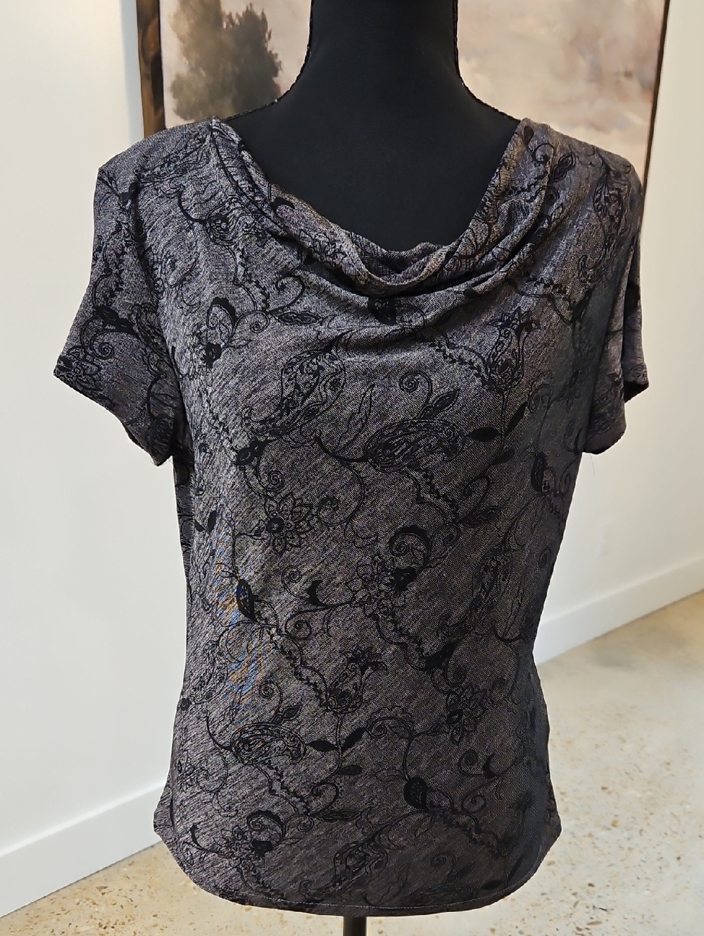 Cowl Neck Floral-Print Blouse in Black and Gray